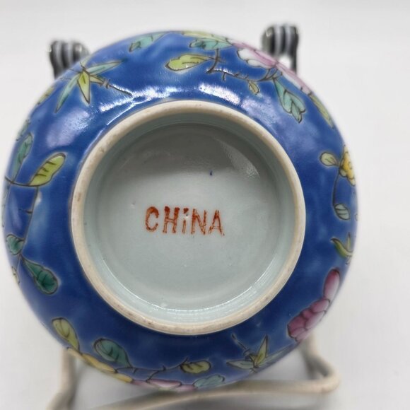 Vintage Chinese Hand Painted Cloisonne Blue Floral Bowl 4.5" - Picture 5 of 8